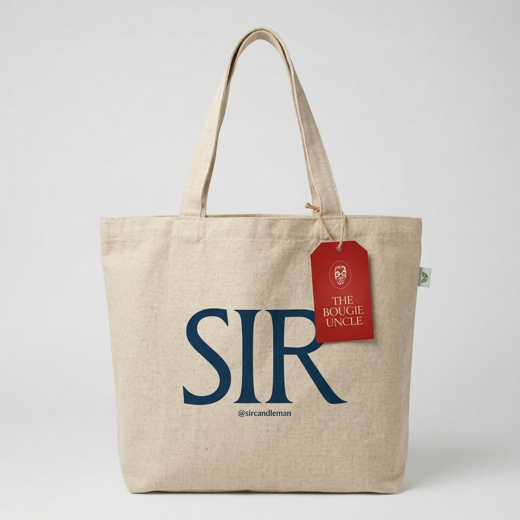 Beige tote bag with 'SIR' text and a red tag on a white background