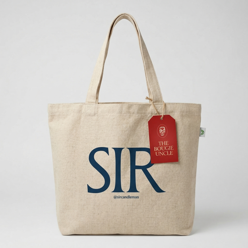 Beige tote bag with 'SIR' text and a red tag on a white background